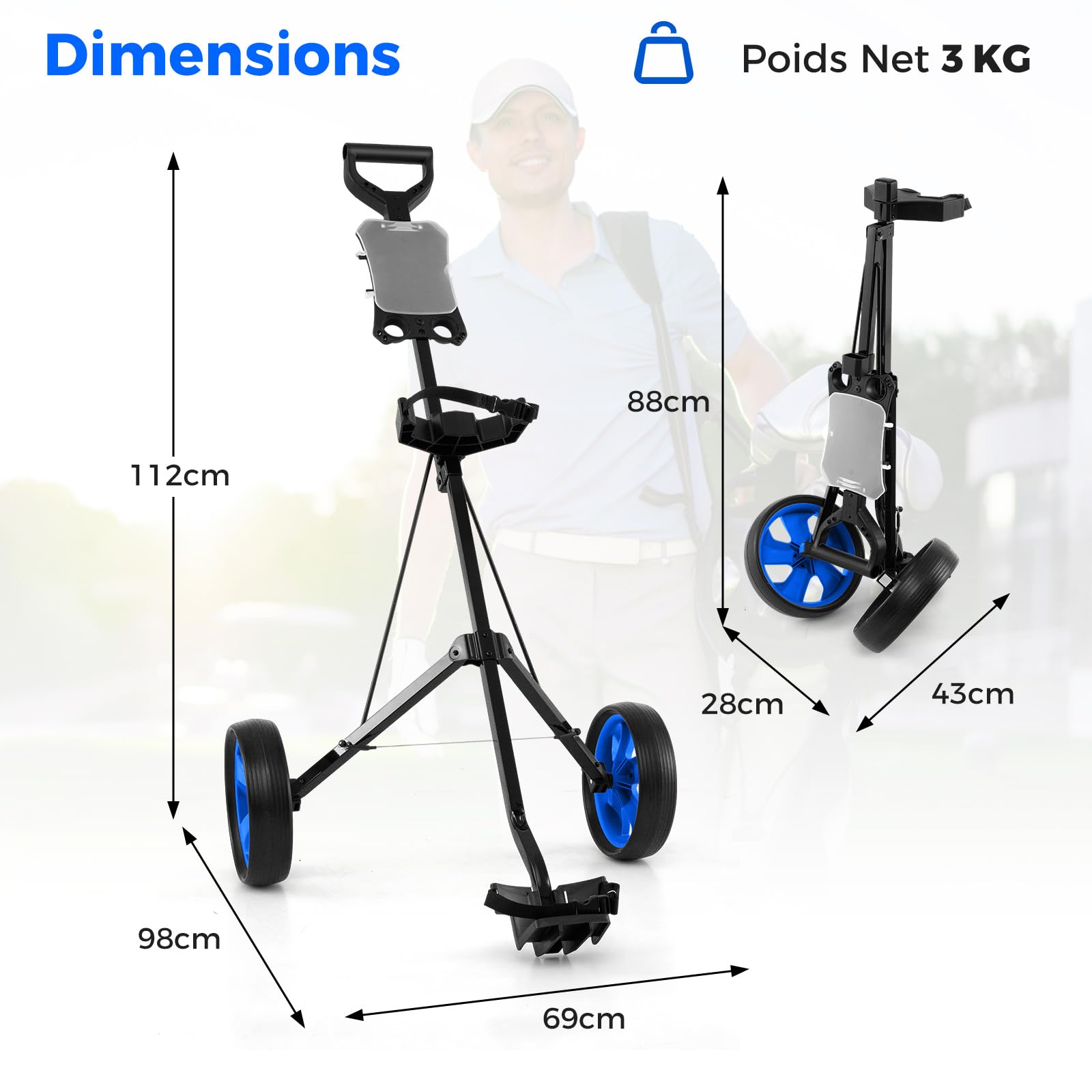COSTWAY Chariot de Golf à 2 Roues Pliable avec Emplacement pour 4 Tees, 4 Balls et Tableau de Score, Caddie de Golf Multifonctionnel Facile à Ranger et Transporter avec Design Compact
