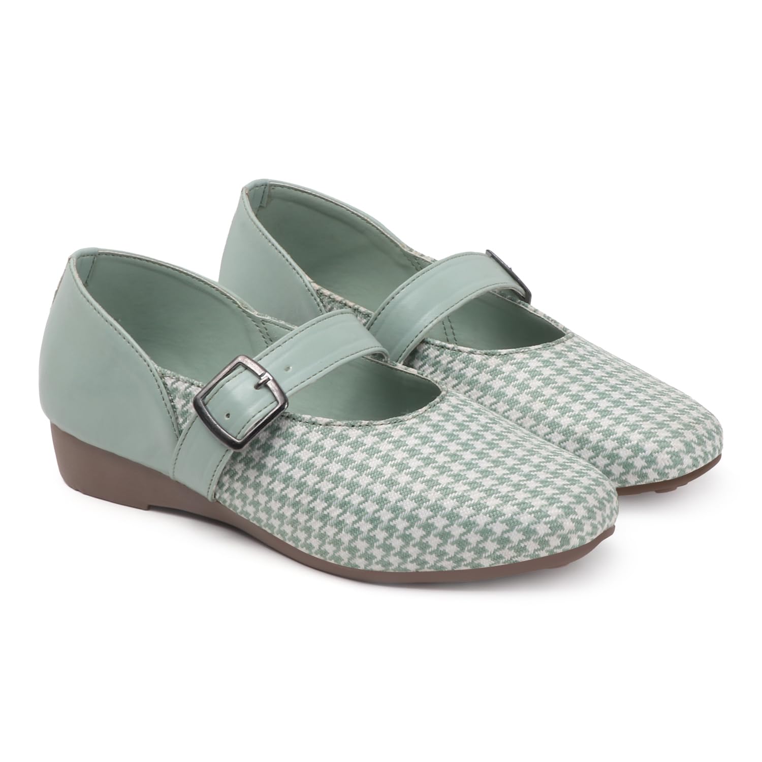 Women’s Black & White Houndstooth Canvas Mary Jane Flats with Adjustable Buckle Strap | Stylish Comfortable Casual Shoes for Office, College-image-18