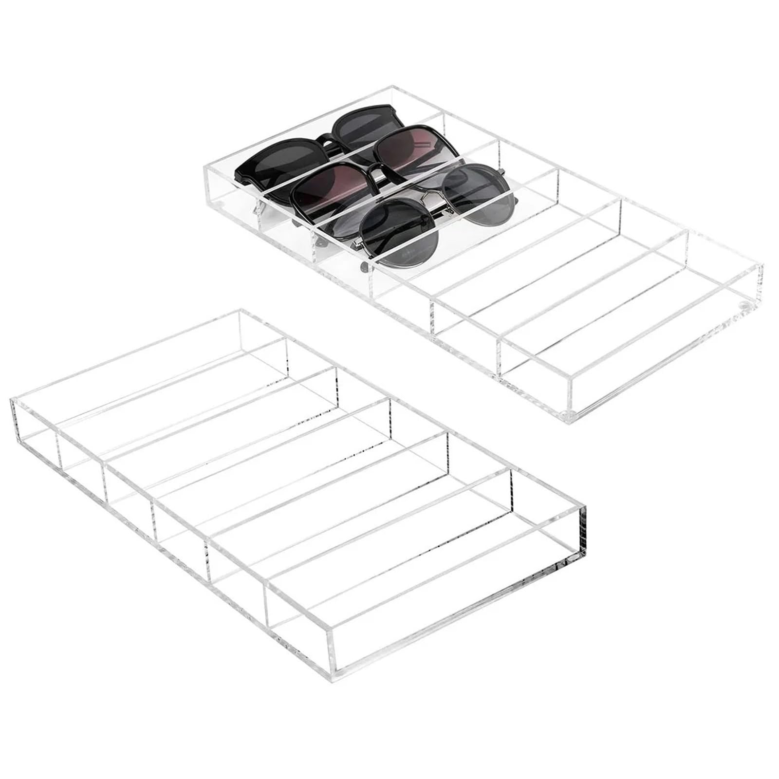 Paquete de 2 bandejas transparentes for exhibición gafas sol con 6 compartimentos, estuche almacenamiento organizador cajones for joyas, bandeja maquillaje Para Gafas Joyería Reloj