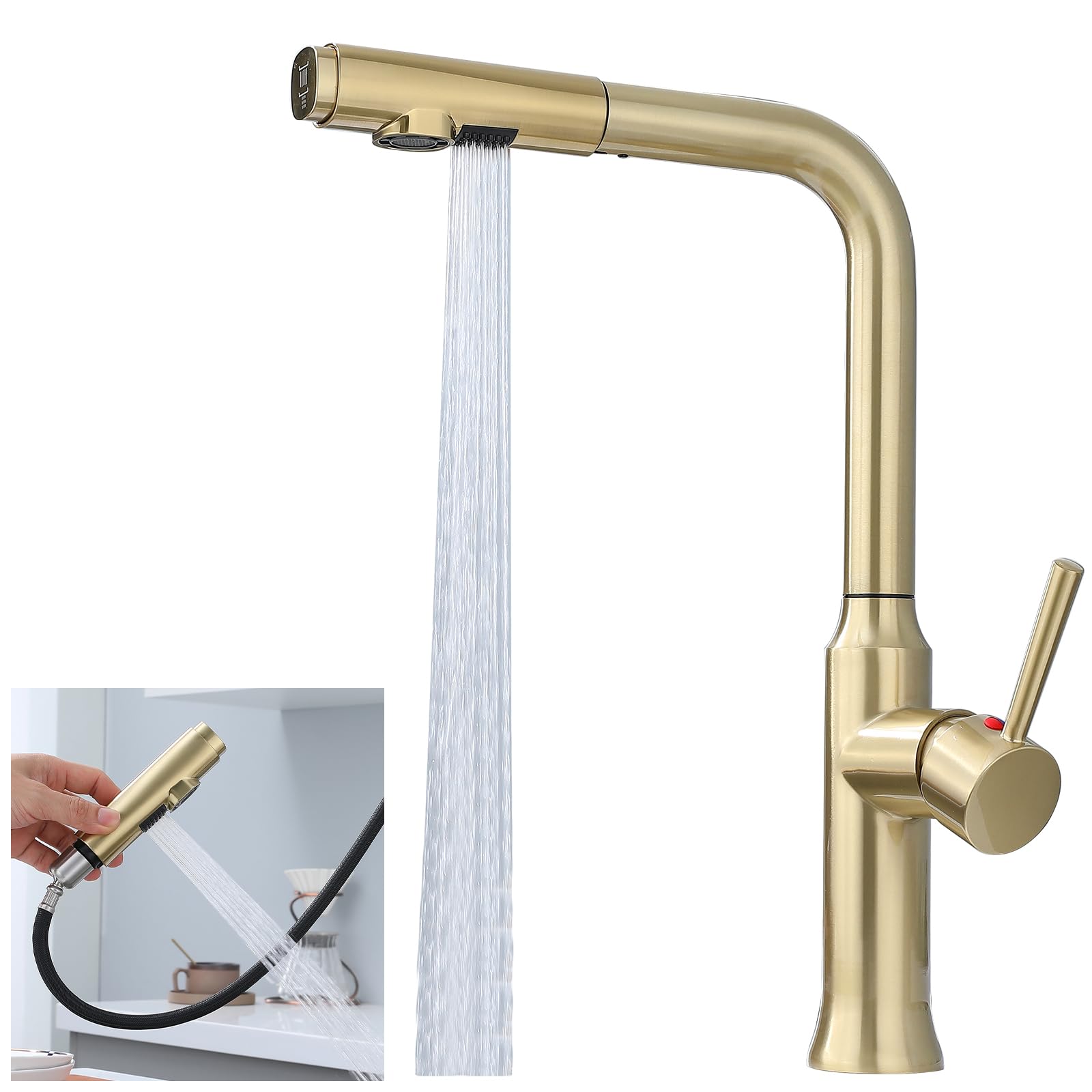 Mélangeur brossé doré extensible pour éliminer les éclaboussures et nettoyer l'évier