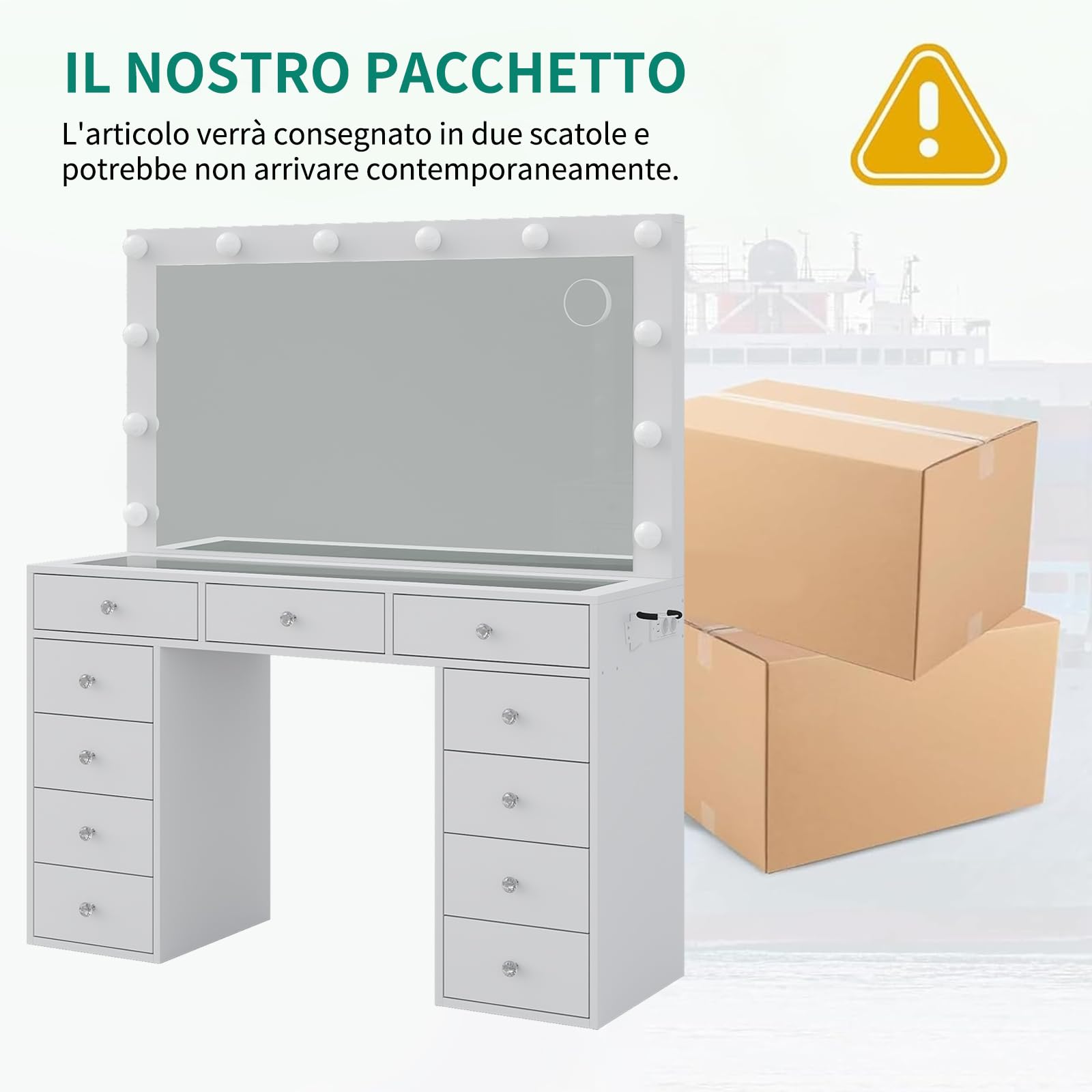 Yanosaku Tavolo Toeletta con Specchio e 12 Luci LED, Vanity con 11 Cassetti, Prese e Porte USB, Sgabello Incluso, 3 Modalità di Illuminazione Regolabile, Bianco