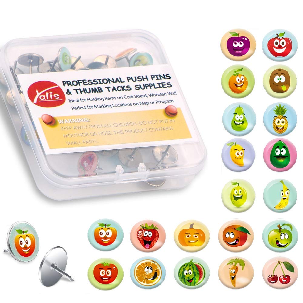 Yalis Push Pins 100 Pcs Thumb Tacks Silicone Soft Flat Creative Smile Cartoon Fruit Face Push Pins for Photos Wall, Maps, Bulletin Board or Corkboards