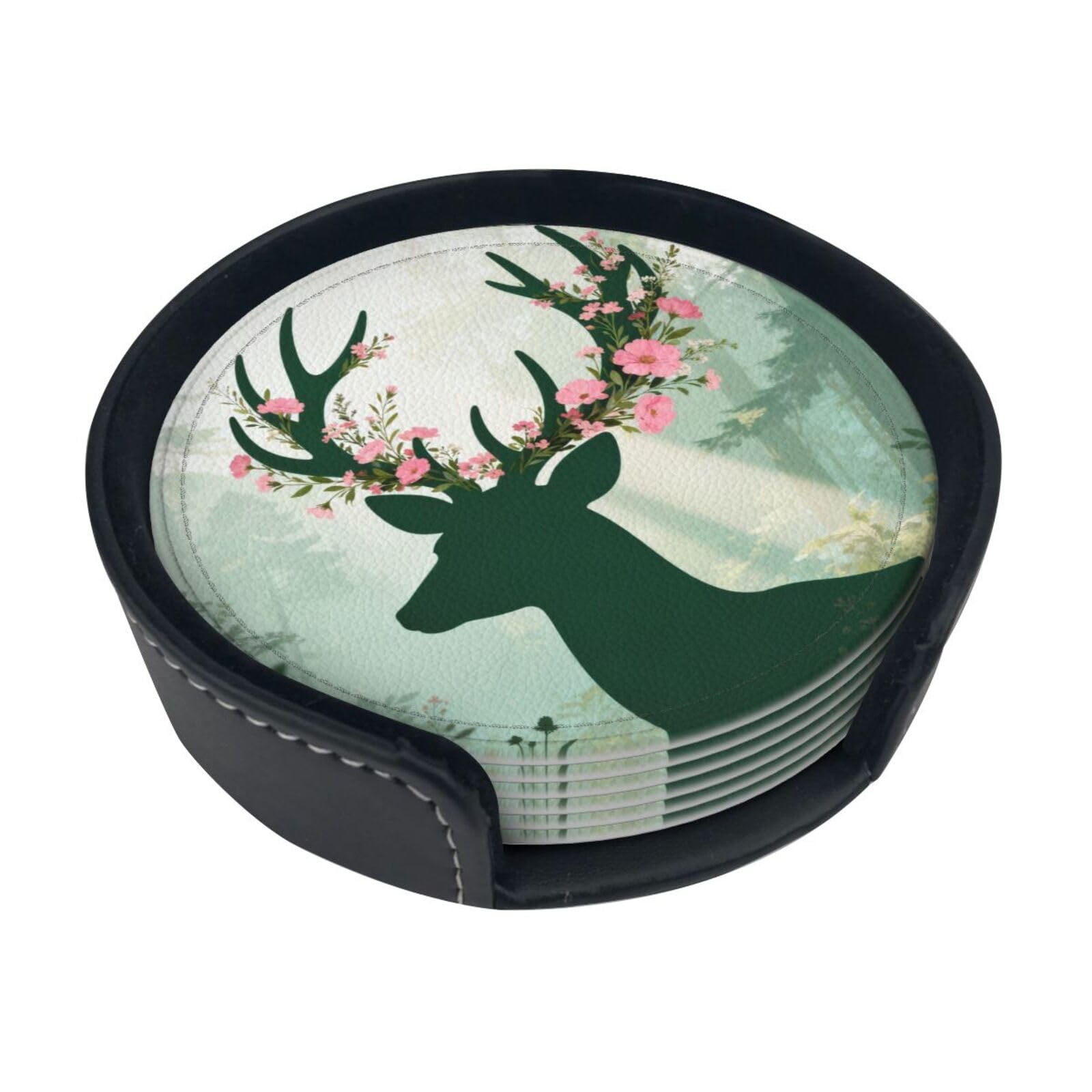 Flower Crown Leather Coasters-Set of 6 with Storage Holder