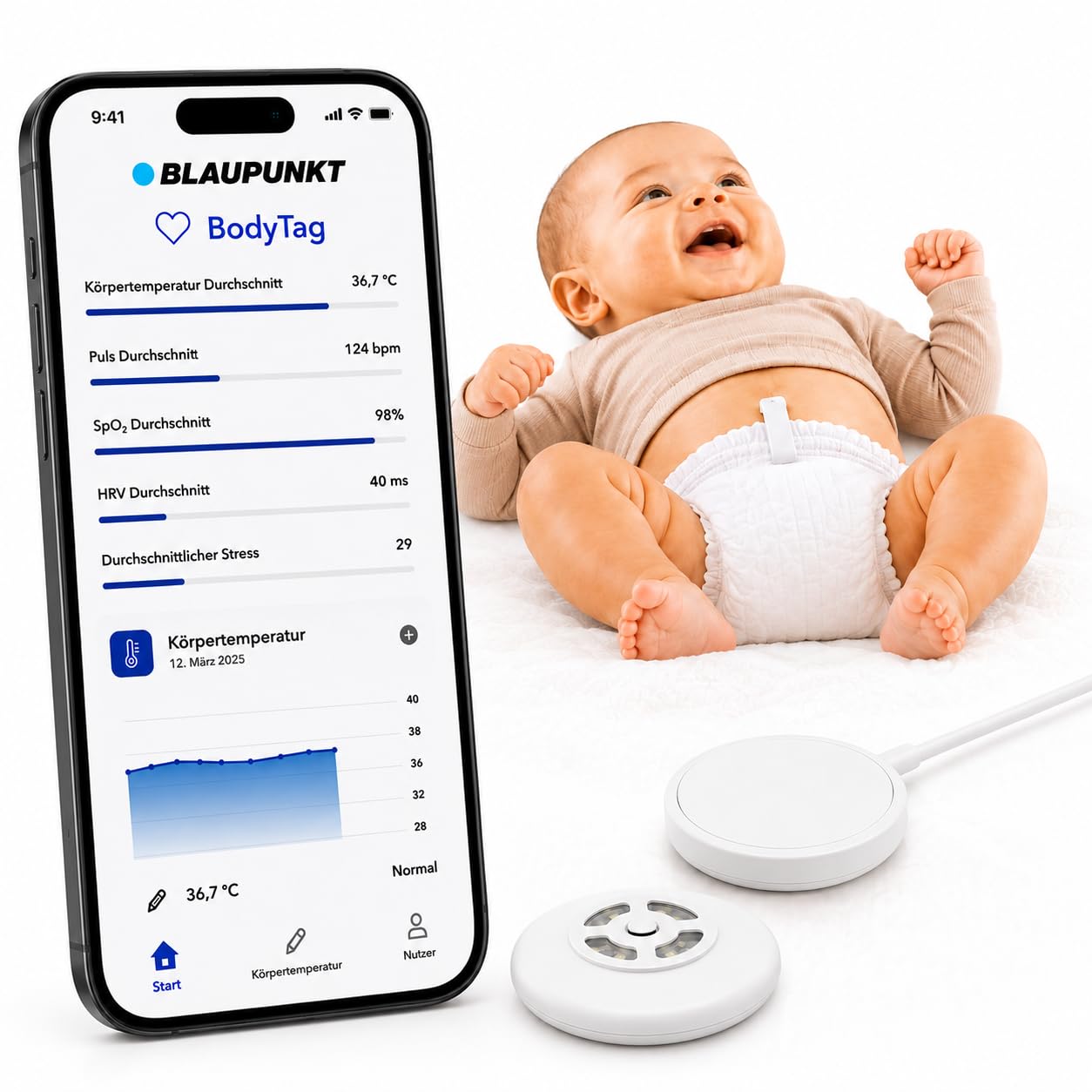 BLAUPUNKT BodyTag Baby Monitor mit Alarmfunktion für Puls & Fieberwarnung | Puls und Temperaturüberwachung | Baby Vitalmonitor mit App | Babyphone ohne Cloud und Kamera | kein WLAN