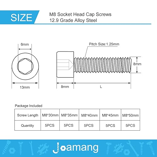 Miniatura 2 de Tornillos de cabeza hexagonal M8 x 1.181 in, 1.378 in, 1.575 in, 1.772 in, 1.969 in, cabeza hexagonal, acero de aleación de grado 12.9, acabado de