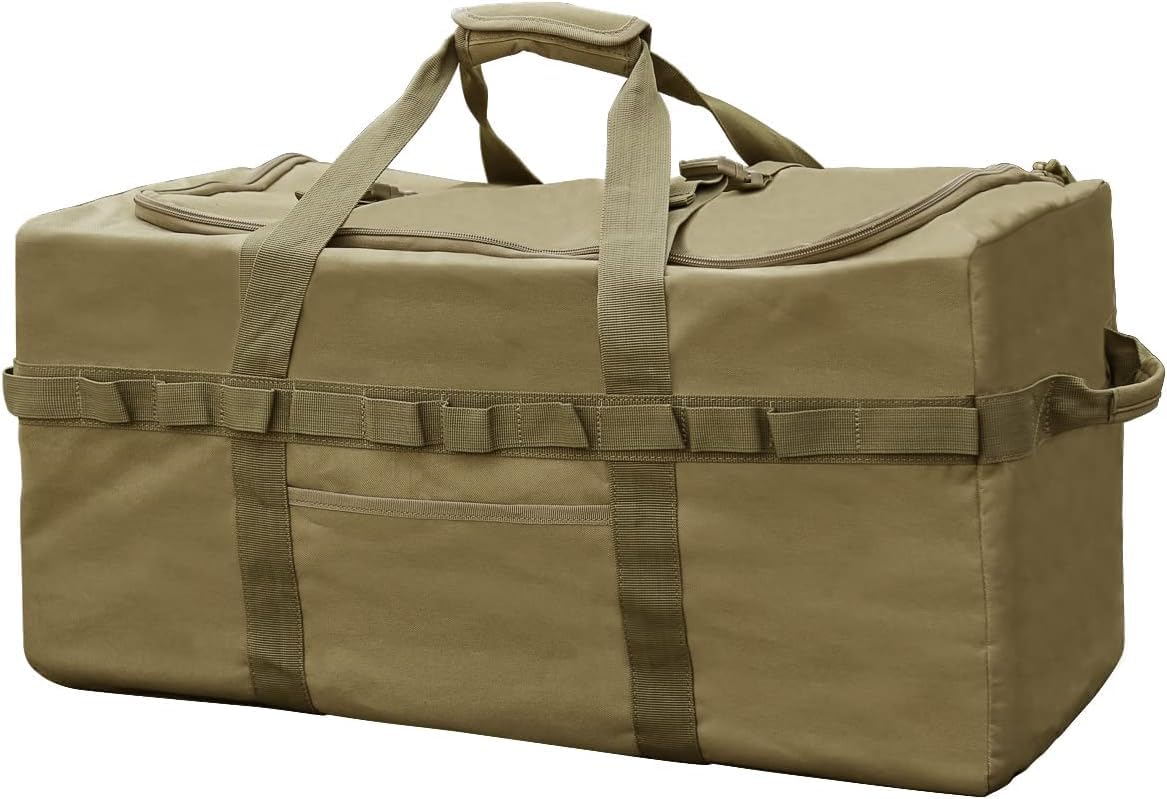 Large Military Duffle Bag Tactical Camping Storage Utility Tote Bag Camping Kitchen Organizer with Deployment Cargo Bag Travel Sports Equipment (Khaki