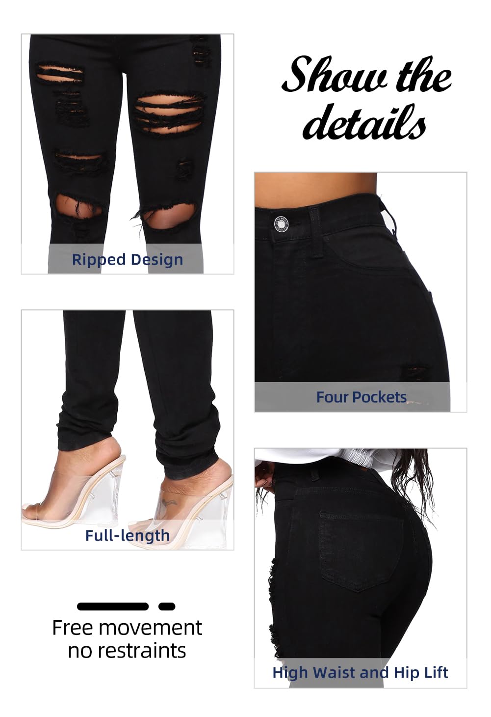 BISUAL Womens High Waisted Butt Lifting Jeans Distressed Stretch Skinny Sexy Colombian Jeans for Women: Ripped Black 4