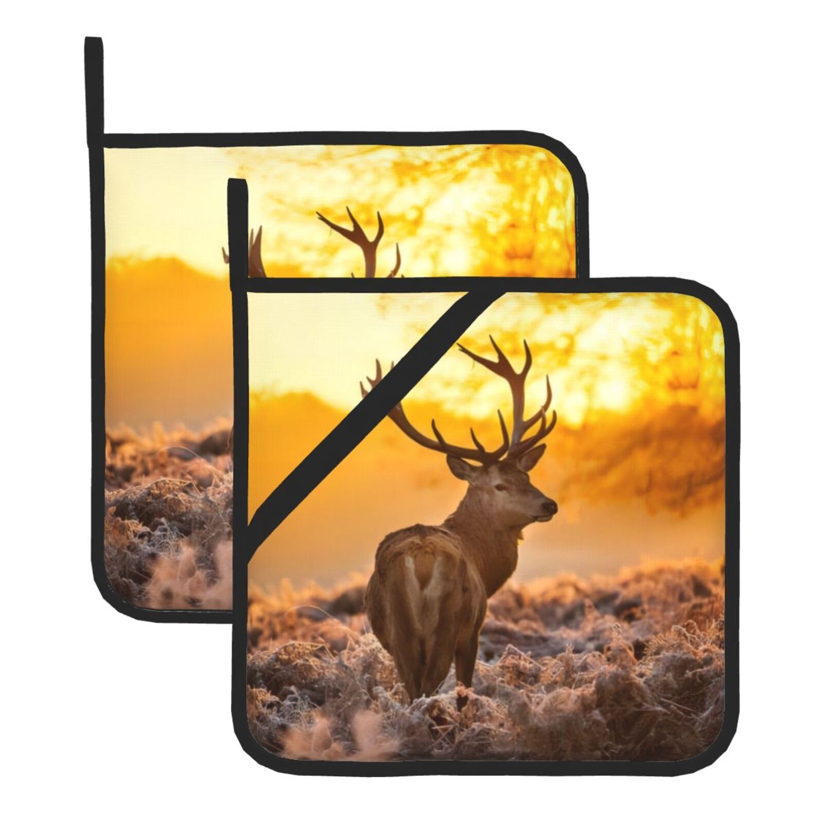 YYHWHJDE Antler Red Deer Prints Square Hot Pads for Kitchen Counter - Waterproof Pot Holders, Durable Oven Mitt Layers with Hanging Loop, Heat Resistant Trivets (2-Pack)