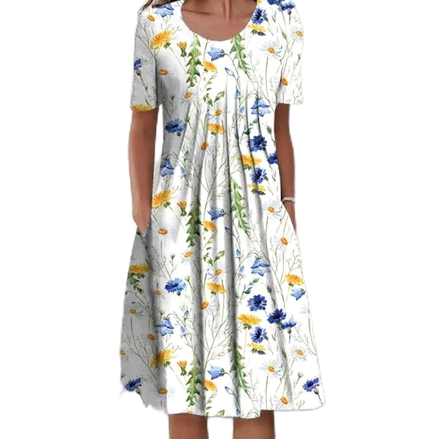 GUBAOPQLA Summer Dresses for Women 2022, Deuyo Dresses for Mature Ladies,  Women Loose Print Pleated Midi Dress,A,L at Amazon Women's Clothing store