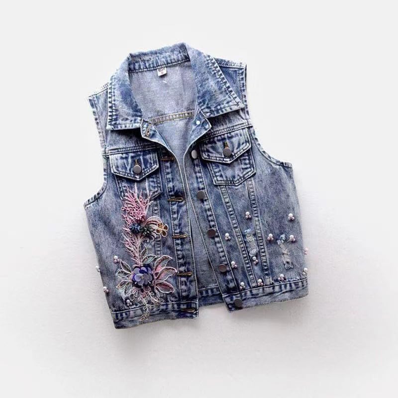 Runstarshow Armlose Denim-Westen für Damen, Knopfleiste, bestickt Blumenmuster, Retro-Jeansjacke, elegant, S-XXL/EU 34-44