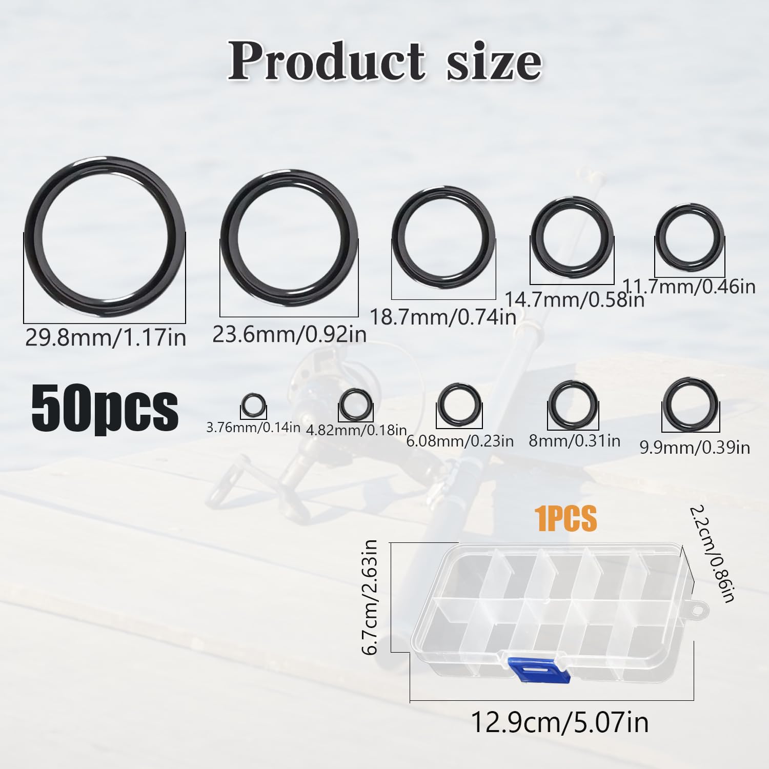 50 sztuk ceramicznych pierścieni wędkarskich 10 rozmiarów 3,8 mm - 29,8 mm czarne pierścienie wędkowe wędka akcesoria do oczu z 1 szt. przezroczyste pudełko dla entuzjastów wędkarskich