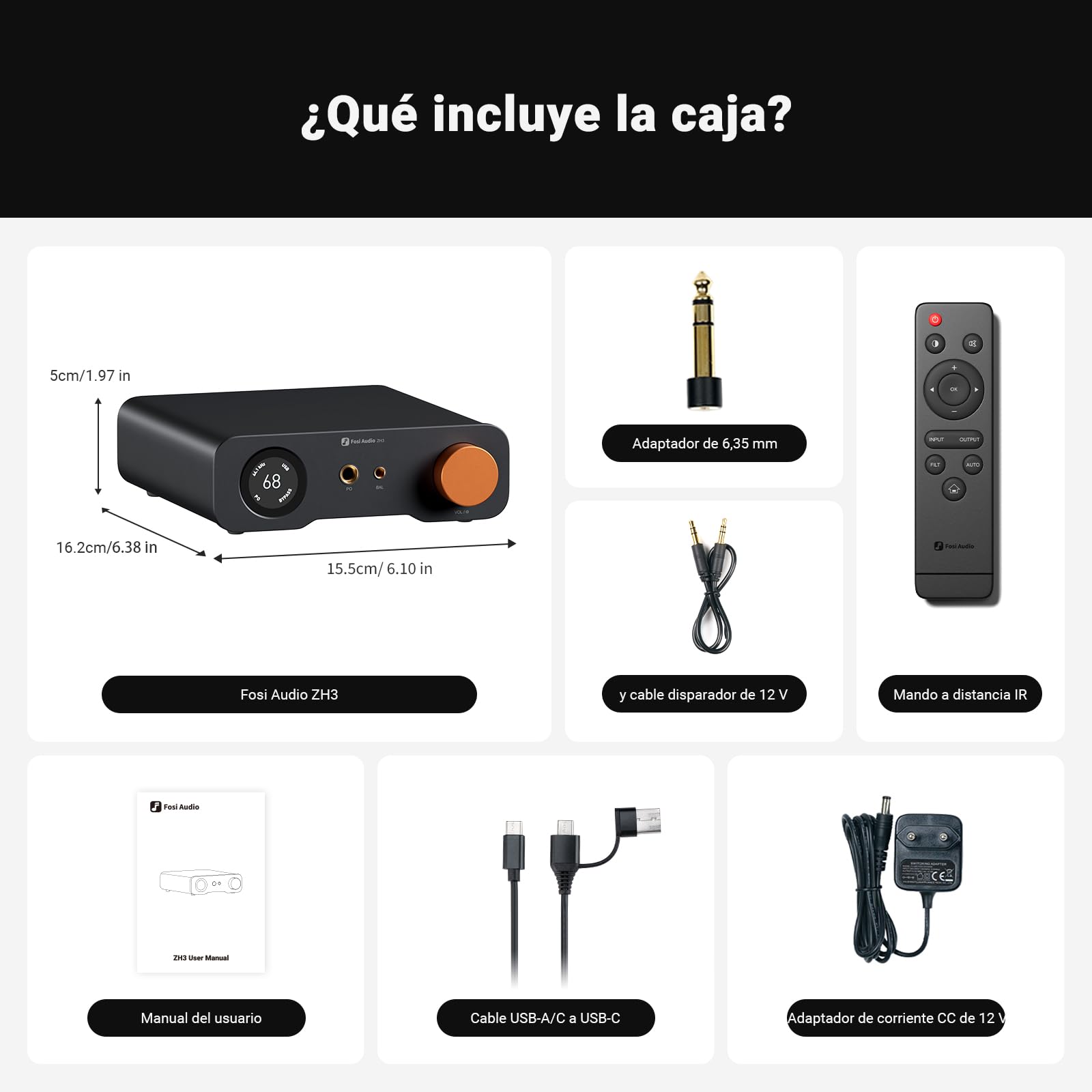 Fosi Audio ZH3 Amplificador de Auriculares DAC, Preamp Totalmente Balanceado con AKM4493SEQ XMOS PCM768 kHz, Entrada de Disparador 12V/USB/Opt/Coax/RCA, Salida XLR/RCA/4,4mm/6,35mm con Control Remoto