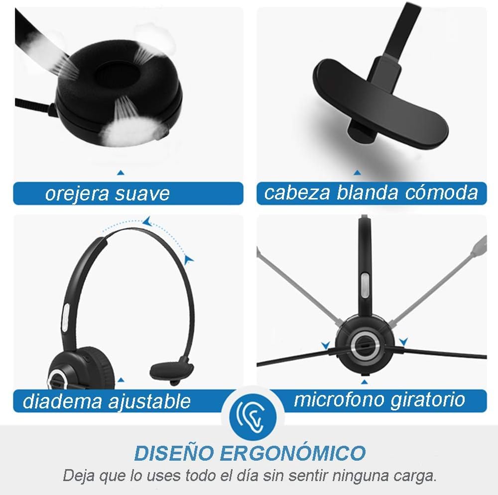 BIGFOX Auriculares Inalámbricos Bluetooth con Micrófono Mono Tipo Diadema - Auricular Inalámbrico para Teléfono Fijo con Base de Carga, Manos Libres, Cancelación de Ruido, Giro de 300°