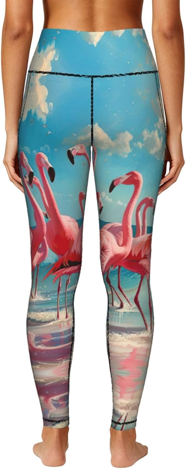 Flock of Red Flamingos On The Beach Print Leggings with Pockets for Women,Gym Clothes,Fitness Clothing,Compression Leggings