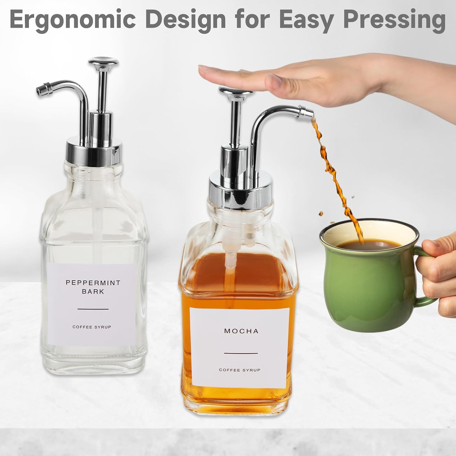 Set of 4 16.9oz/500ml Square Glass Coffee Syrup Dispenser with Pump Silver Syrup Bottles for Coffee Bar Refillable Maple Syrup Storage Syrup Dispenser with Pump for Bar Accessory(Chrome Finish