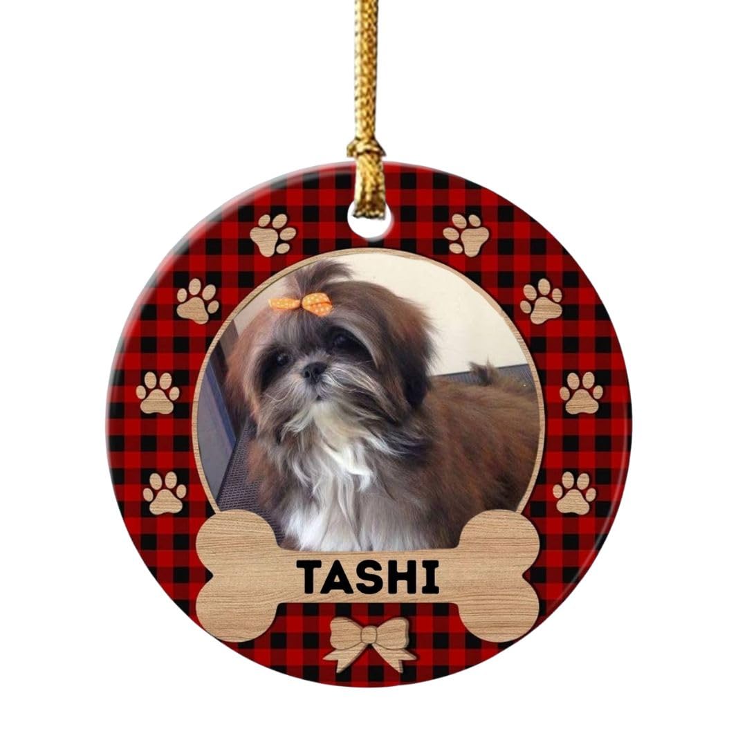 TPJ Handmade Resin Customized Pet Name Christmas Ornaments Tree Decoration with Dog Cat Photo, Personalized Unique Cute Pet Lovers Gift for Dog Pet, Xmas Holiday Keepsake – Buffalo Plaid Bone Photo