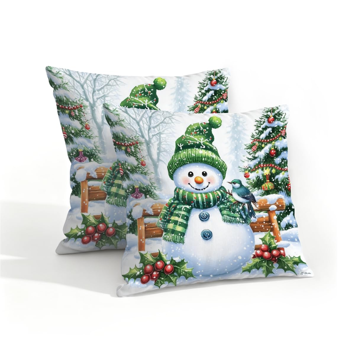 Outdoor Pillow Covers Waterproof Pillowcases 16x16IN Set of 2 Christmas Tree Snowman Green Scarf Decorative Throw Cushion Case for Couch Sofa Garden Patio Furniture