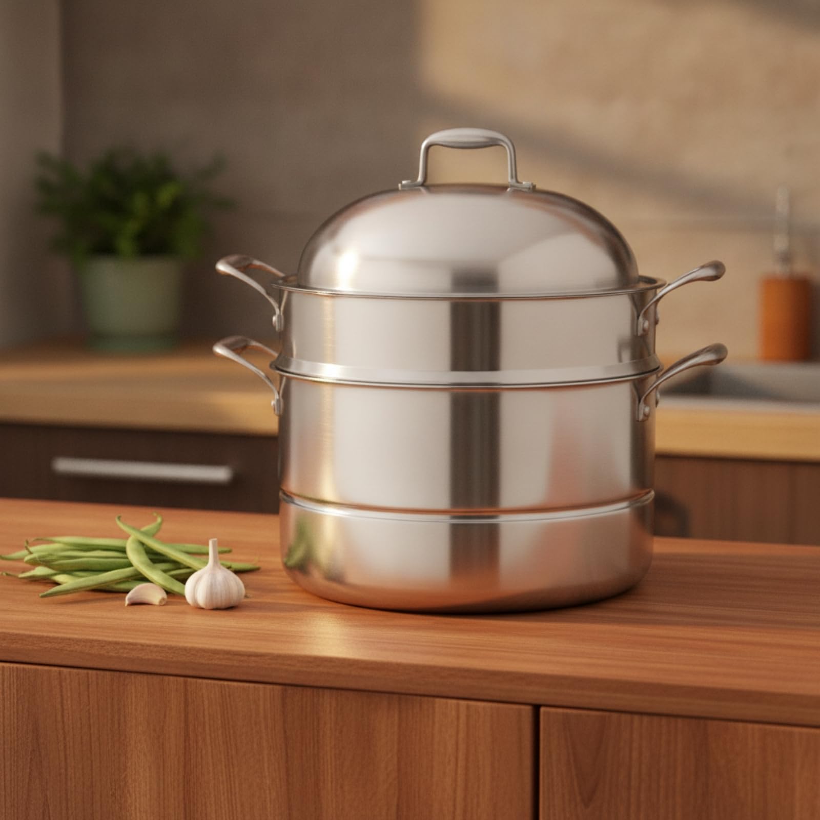 Vaporiere Acciaio Inox Pentola Cottura Coperchio 304 a Tre Strati Spessore 2.5 Mm per Riscaldamento Uniforme Manici Ad Anello per Presa Stabile E