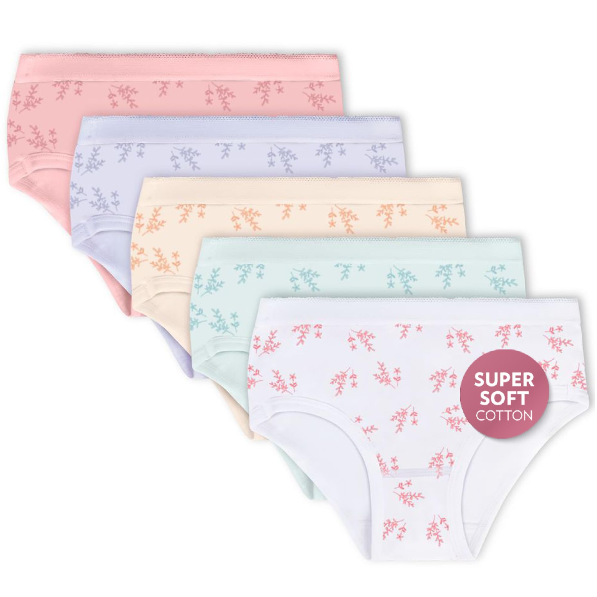 Feathers Leafy Print Snug Tagless Cotton Underwear Girls Underwear Briefs Super Soft Panties 5 Pack