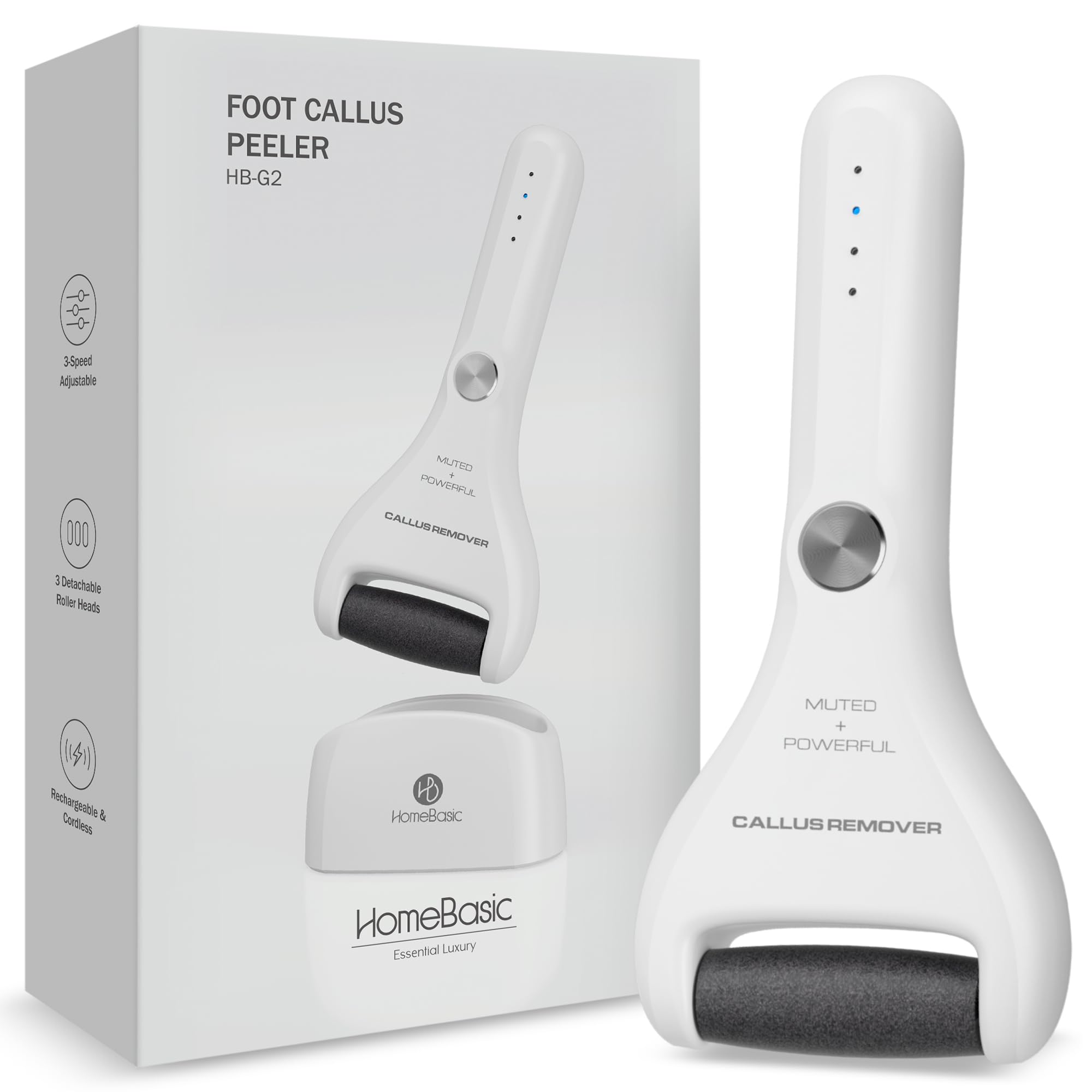 HOMEBASIC Callus Remover for Feet with 3 Detachable Head Rollers, 3 Speed Levels, Rechargeable Pedicure Tool| Electric Foot Scrubber for Hard & Dead Skin Removal Treating Cracked Heels & Reducing Corns