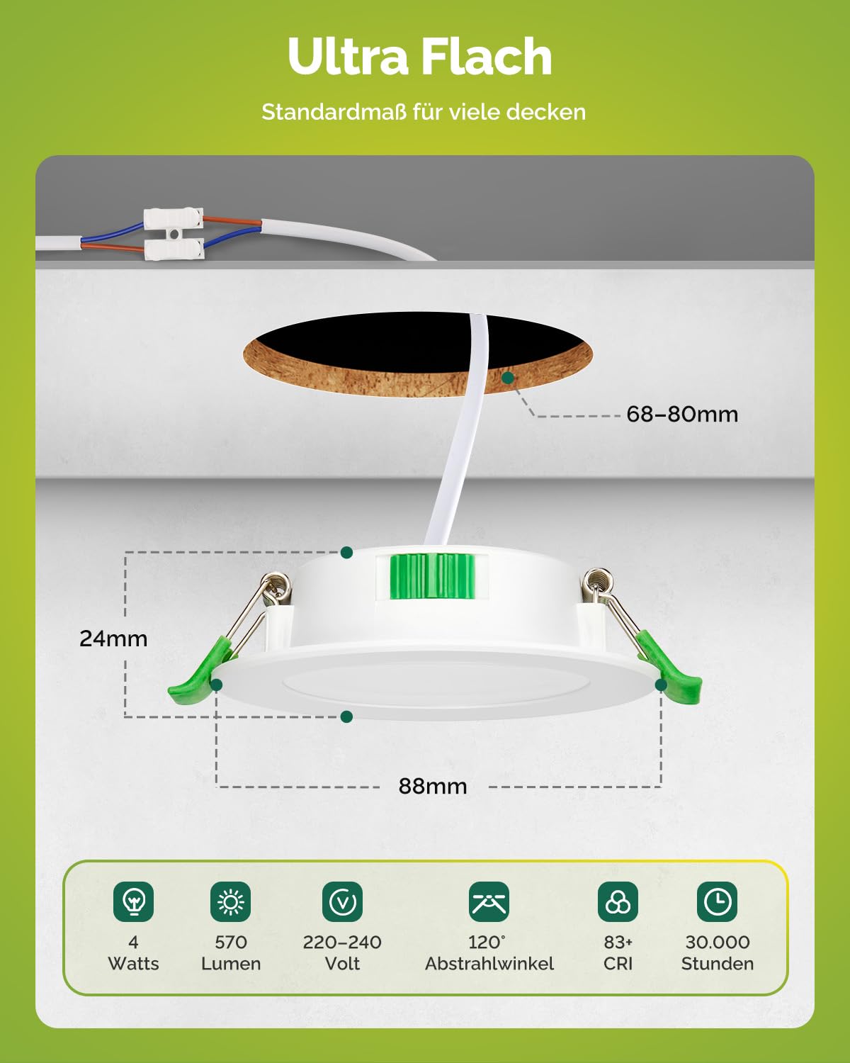Fondiiz 20er LED Einbaustrahler 230V 4W 570LM 3CCT, 68mm - 80mm Lochmaß | LED Spots Warmweiß 3000K Neutralweiß 4500K Kaltweiß 6000K, Flach Weiß IP44 Spots Deckenleuchte für Badezimmer Küche