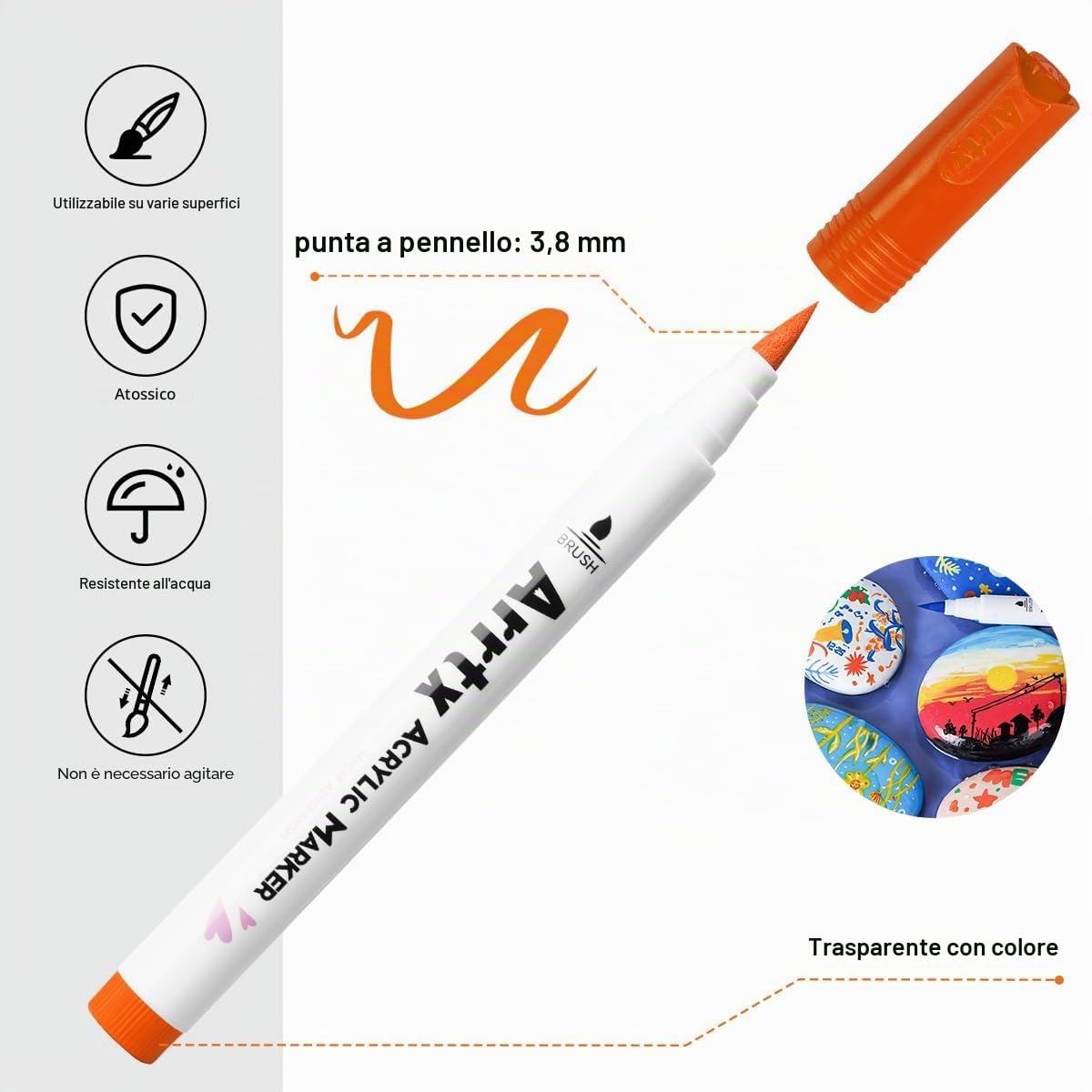 Arrtx 60 pennarelli acrilici colorati, punta a pennello | A base d'acqua, non tossico, inodore. Ideale per creazioni fai da te su roccia, pietra, vetro, legno, tessuto
