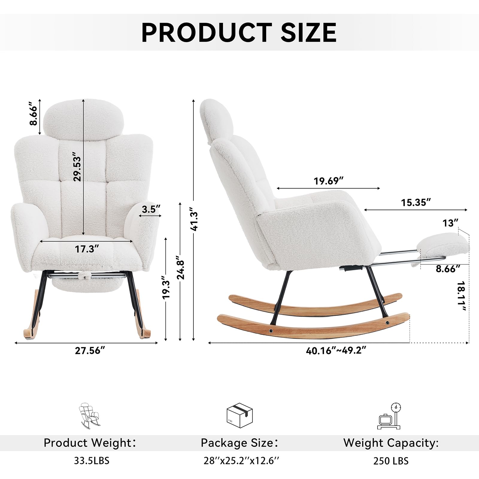 ALAKFORM Nursery Rocking Chairs with Foot Rest, Teddy Glider Rocker with Headrest, Upholstered Nursing Rocking Chair Indoor for Living Room,Ivory