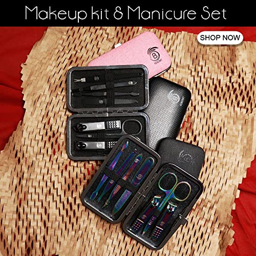 Image of Beromt 7 IN 1 Manicure Set Pedicure Stainless Steel Proffesional Nail Cutter Nail Scissors Grooming Kit with Nail Cleaning Knife, Plucker, Scissor and Nail Tools With Leather Travel Case- 03 Rainbow