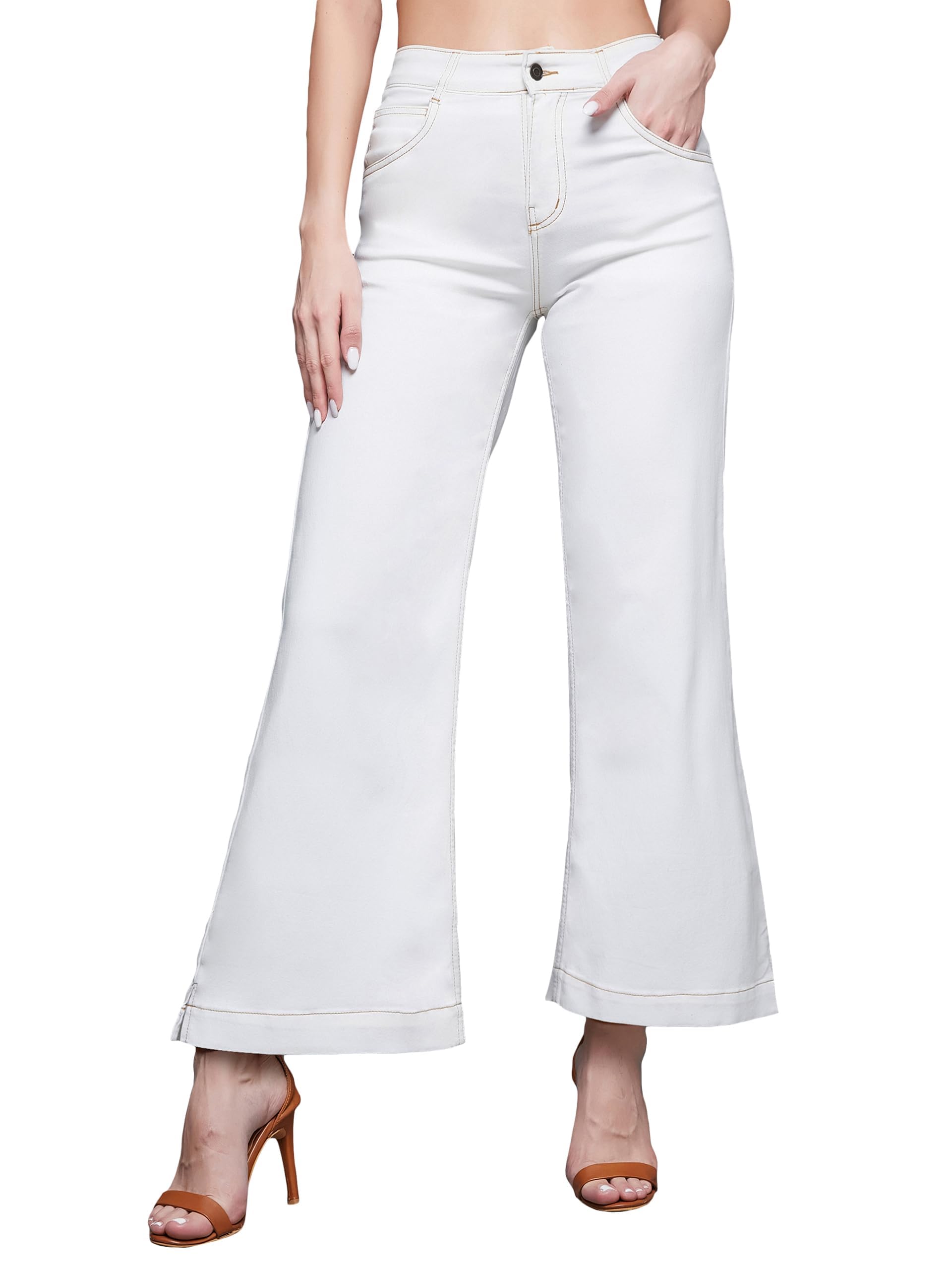 Women's White Flared Mid Rise Clean Look Ankle Length Stretchable Denim Jeans-image-3