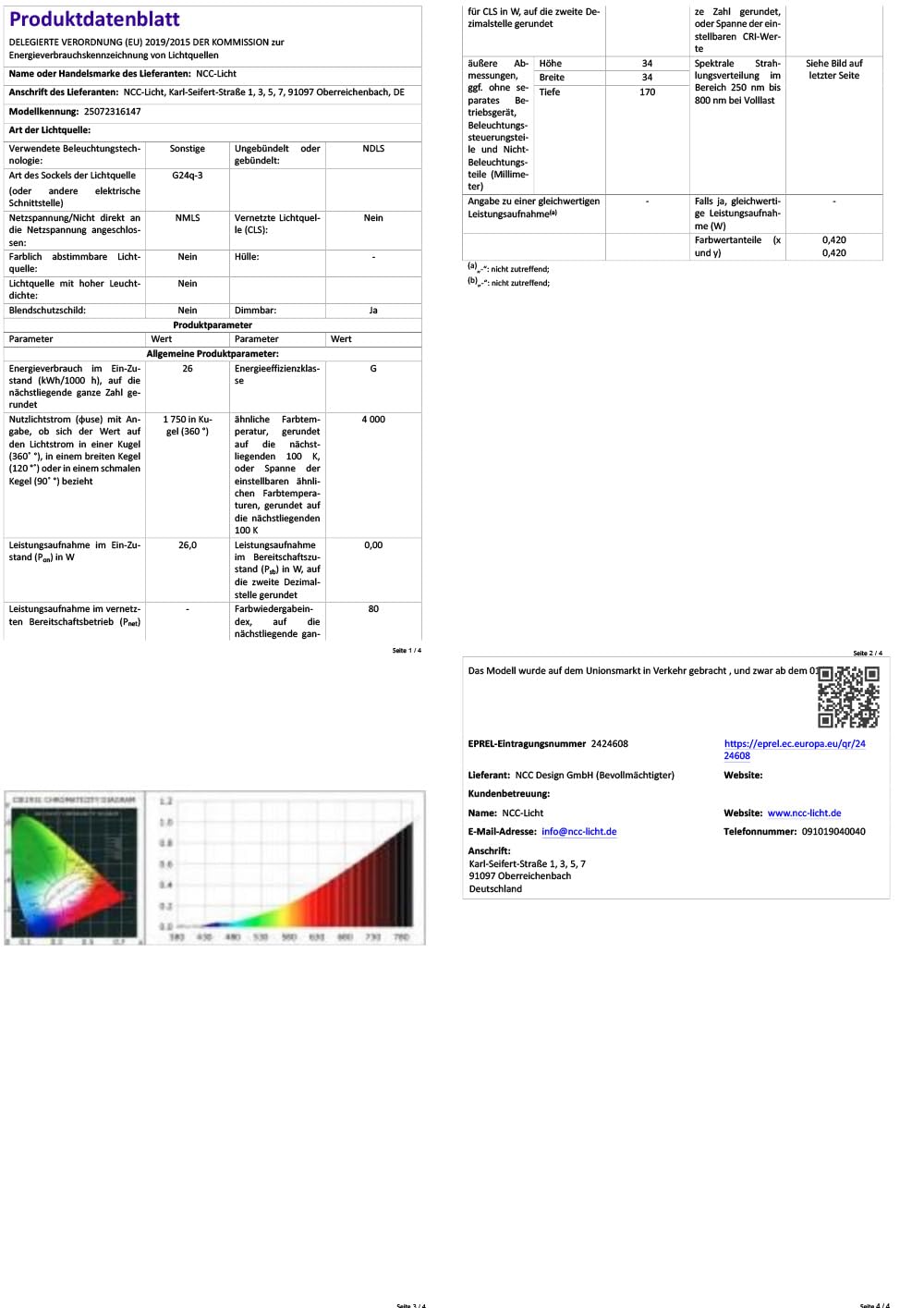 NCC-Licht Kompaktleuchtstofflampe CFL PL-C 26W/840 G24q-3 4P 1750lm Neutralweiß 4000K