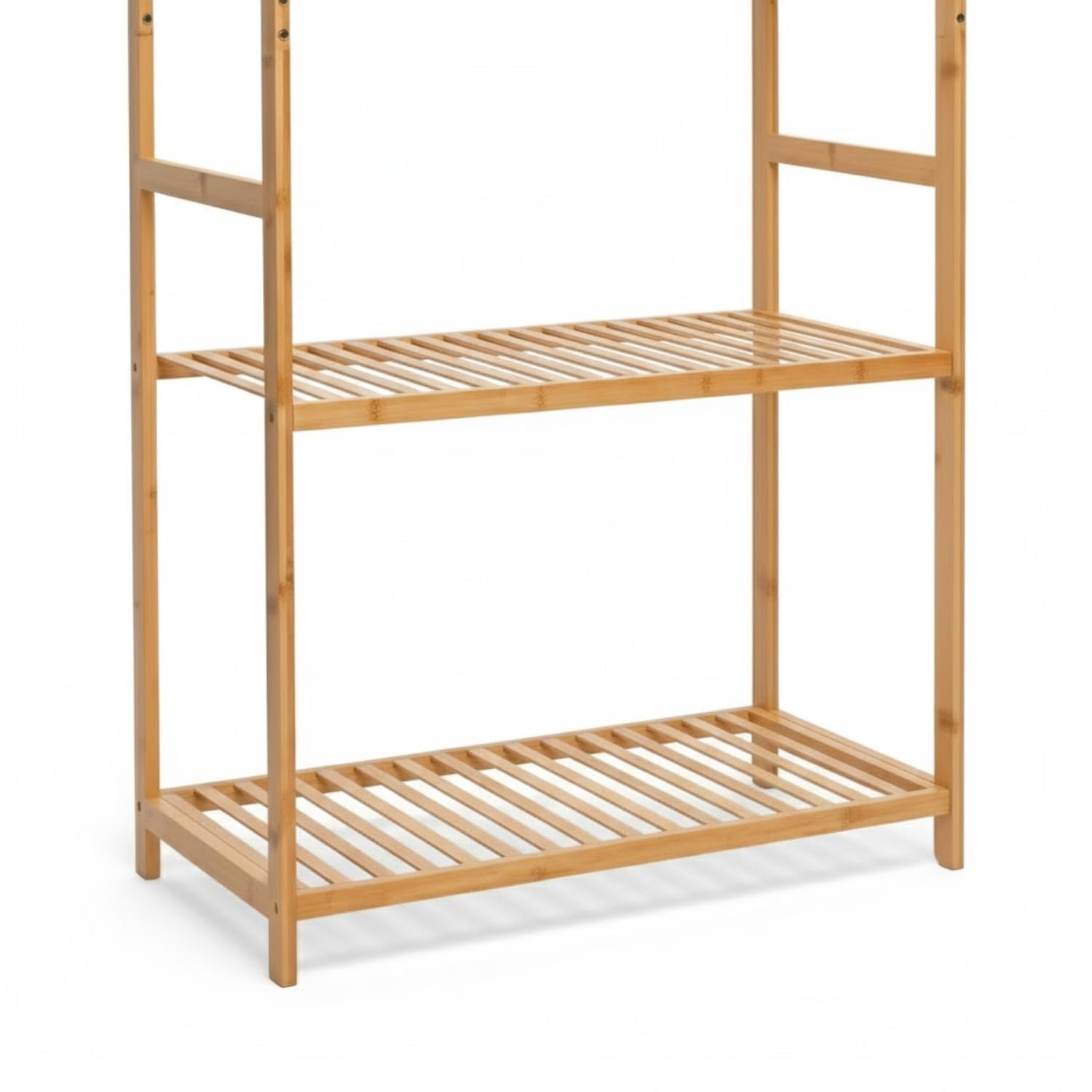 THINIA HOME - Perchero de Pie de Bambú Natural con Barra para Ropa y 2 Estantes Abiertos, Organizador de Entrada, Dormitorio o Recibidor, Estilo Nórdico, 68x36x160 cm
