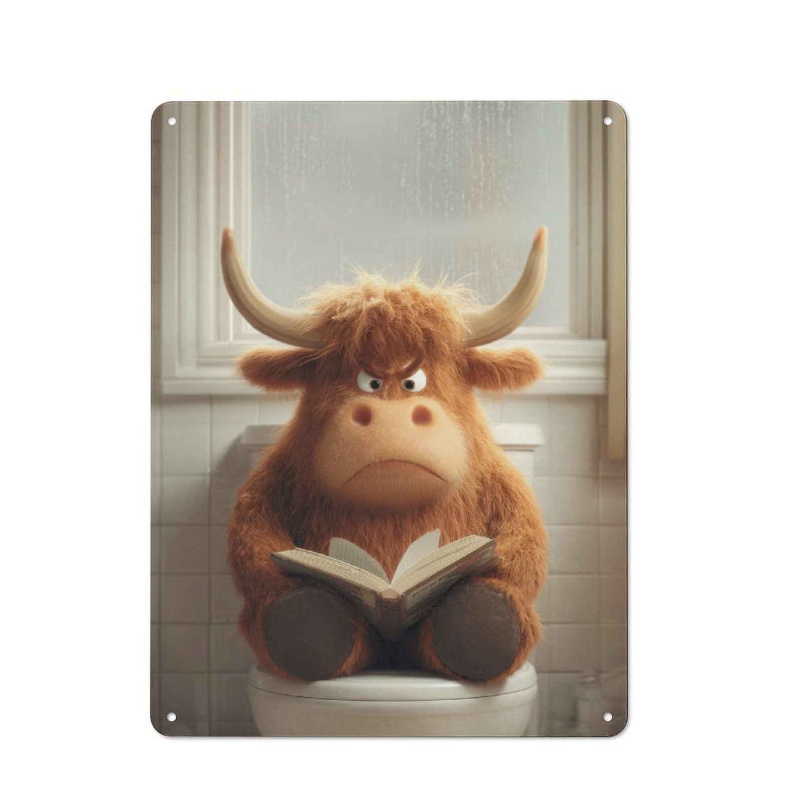 Junmoney Style-10 Retro Metal Wall Sign 40X30cm With Grumpy Highland Cow Reading On Toilet For Hallway Wall, Suited To Hallway Decor Lovers