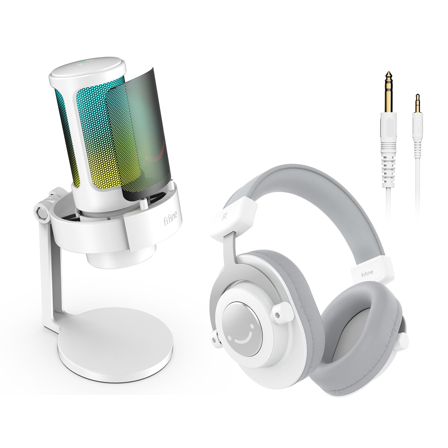 FIFINE USB Gaming Microphone Bundle with Headphones, RGB Condenser Mic with PC Wired Headset Kit for Streaming, Vocal, Recording with Headphones Monitoring, Gain Knob, Mute, Pop Filter (A8+H8 White)