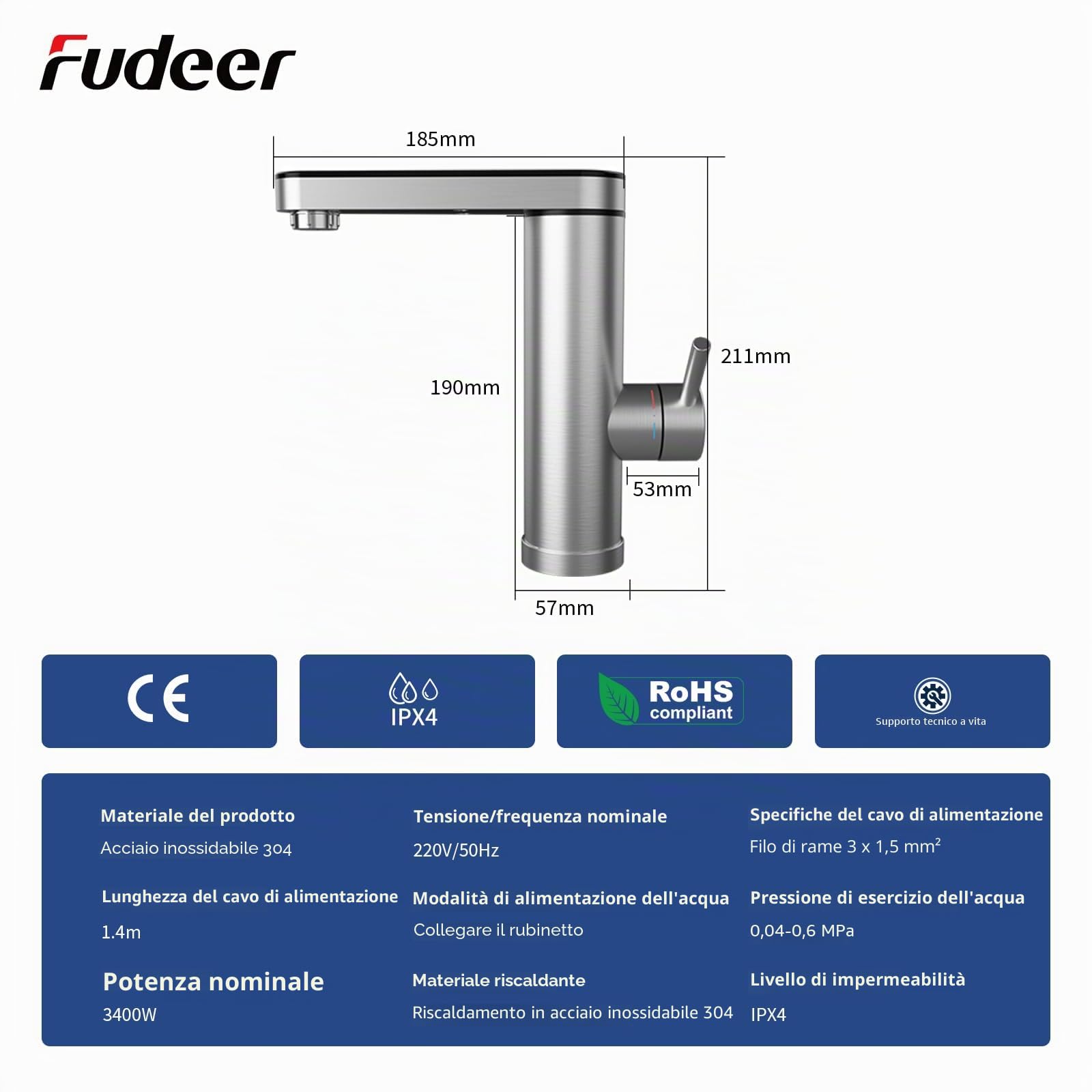 rubinetto con scaldabagno 230V, 3.3KW Rubinetto elettrico per bagno con display digitale (30-45℃), Riscaldamento rapido, Beccuccio girevole a 120°, Acciaio inossidabile 304 (Argento)