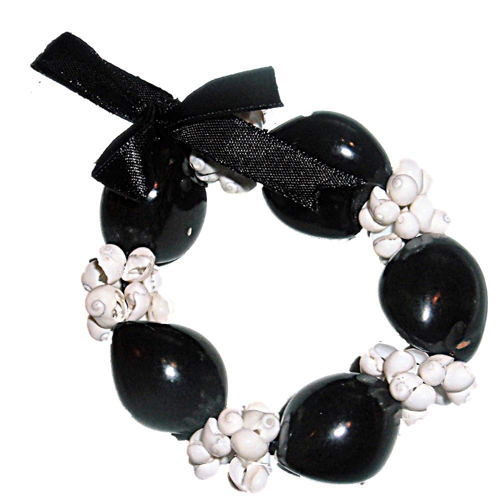 Hawaiian Black Kukui Nut w/White Mongo Shells Stretch Bracelet