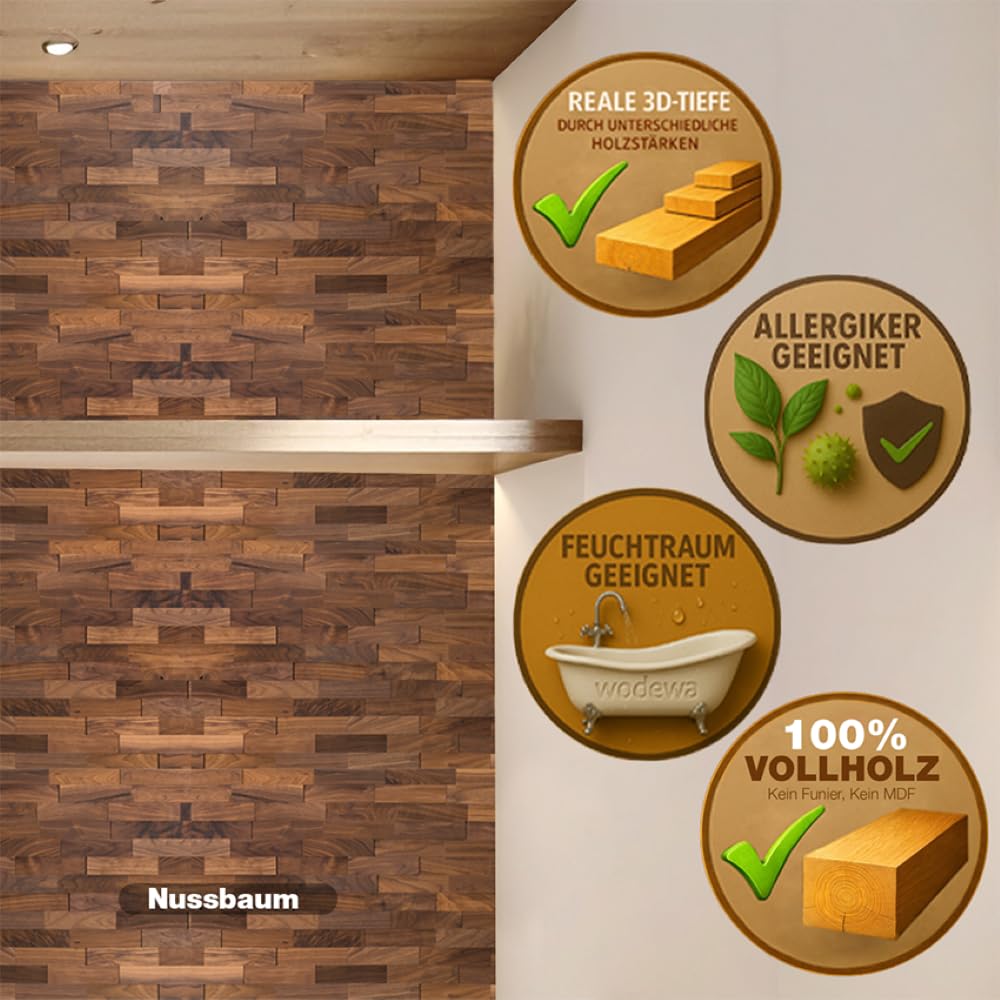wodewa Rivestimento Murale Legno di Noce I 1m² Pannelli Murali Rivestimento Parete Legno Decorazioni Pareti 3D Pannello Decorativo Cucina Cameretta I Oliato