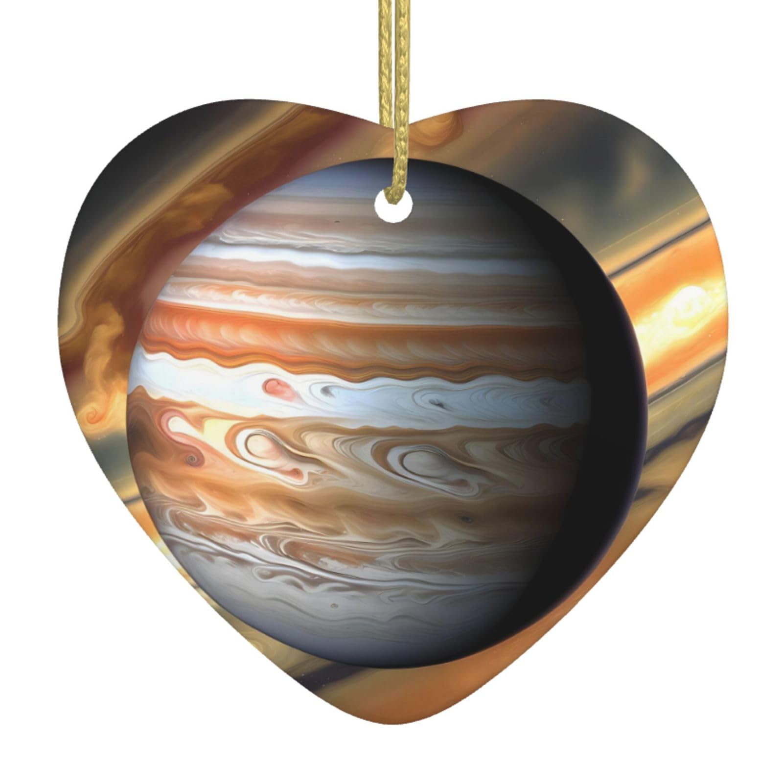 Jupiter Landscape Ceramic Christmas Heart Pendant with Silk Thread, Christmas Tree Home Decoration