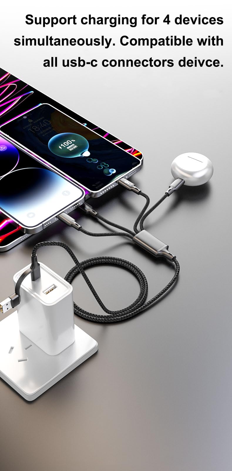 USB-C-Multi-Ladekabel, 1,2 m, 2 Stück, 4-in-2, USB-A + USB-C auf 4 USB-C-Anschlüsse, mehrere USB-Typ-C-Splitterkabel für iPhone 16/15 Pro Max, iPad Air/Pro, Samsung Galaxy, Google Pixel, Android, PS5