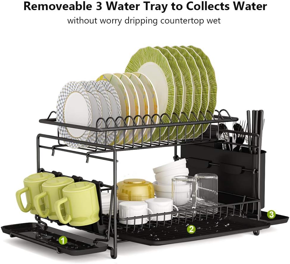 1Easylife Dish Drying Rack, 2 Tier Large Kitchen Dish Rack with Removable Drainboard, Utensil Holder and Cup Holder, Rustproof Nano Coating Dish Drainer for Kitchen Counter, Dish Dryer Shelf