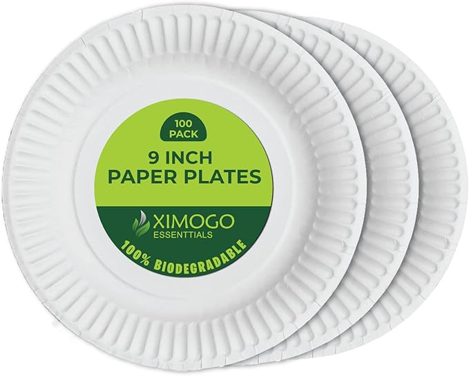 XIMOGO 100 White Paper Plates 9inch/23cm Disposable Plates Premium