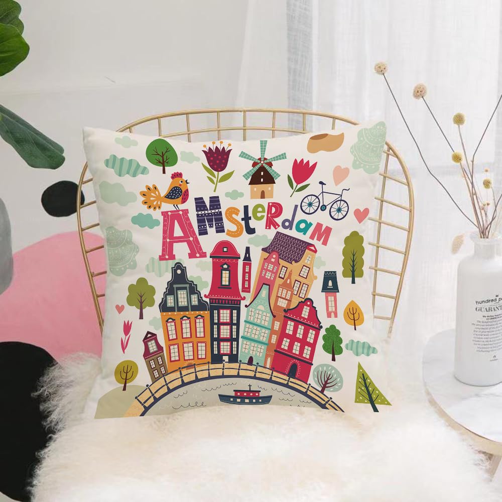 Hyosxw Illustration Of Amsterdam Architecture In Ca - A6 Cushion Cover,Throw Pillow Case Home Decorative For Living Room Bedroom Sofa Chair 18X18 Inch,Illustration Of Amsterdam Architecture In Cartoon, Dutch Style With Colorful Ic,Pillowcase 45X45cm