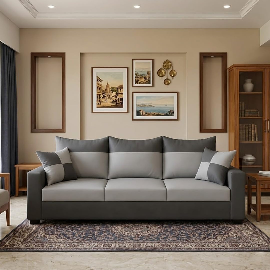 FURNY Arissa 3 Seater Fabric Sofa Set (Light Grey-Dark Grey) Premium Velvet Finish| Durable Comfort Ideal for Living Room