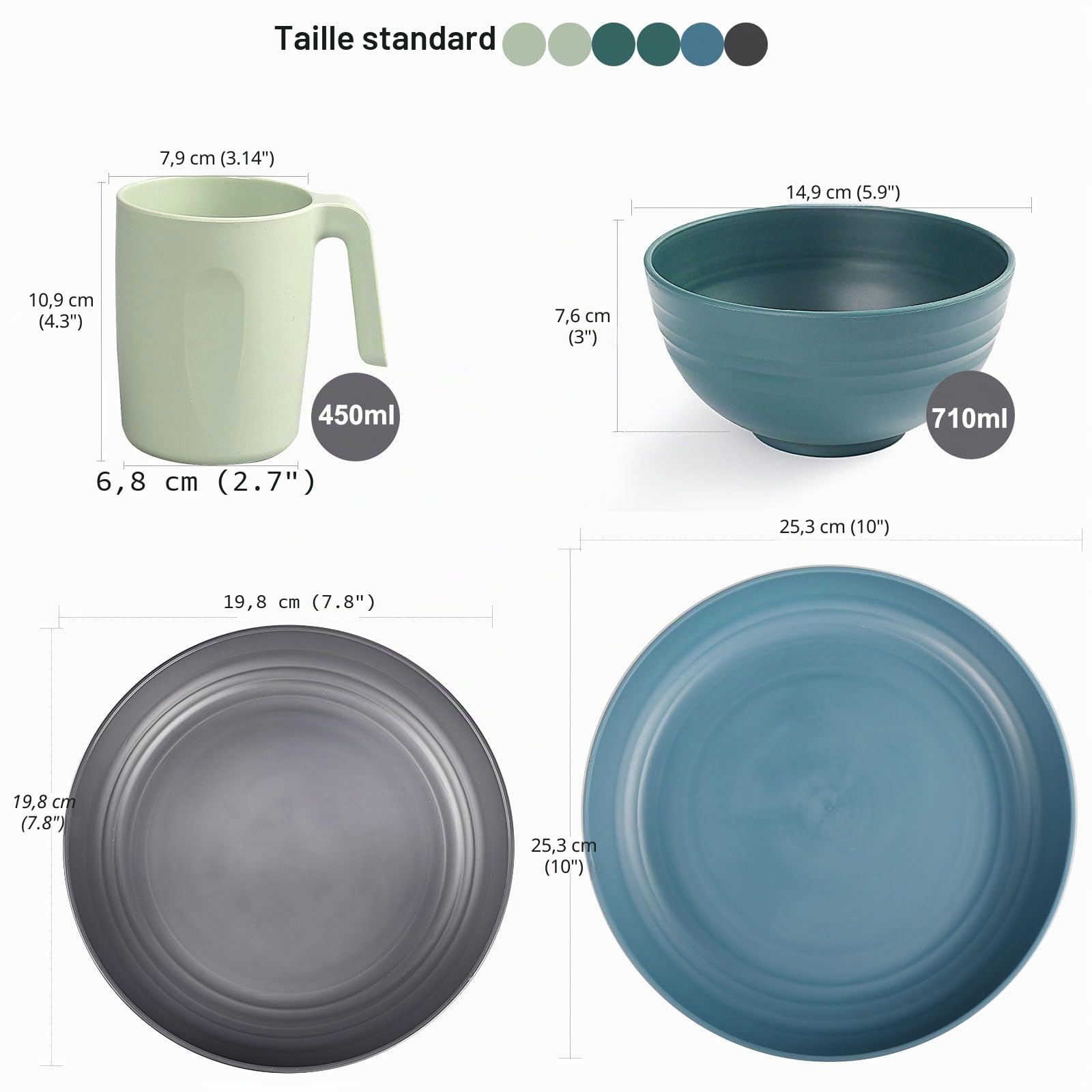 Greentainer Ensemble de vaisselle en plastique incassable (24 pièces) | des assiettes, des bols, des tasses, adaptés à 6 personnes, enfants et adultes sont applicables, peuvent être réutilisés