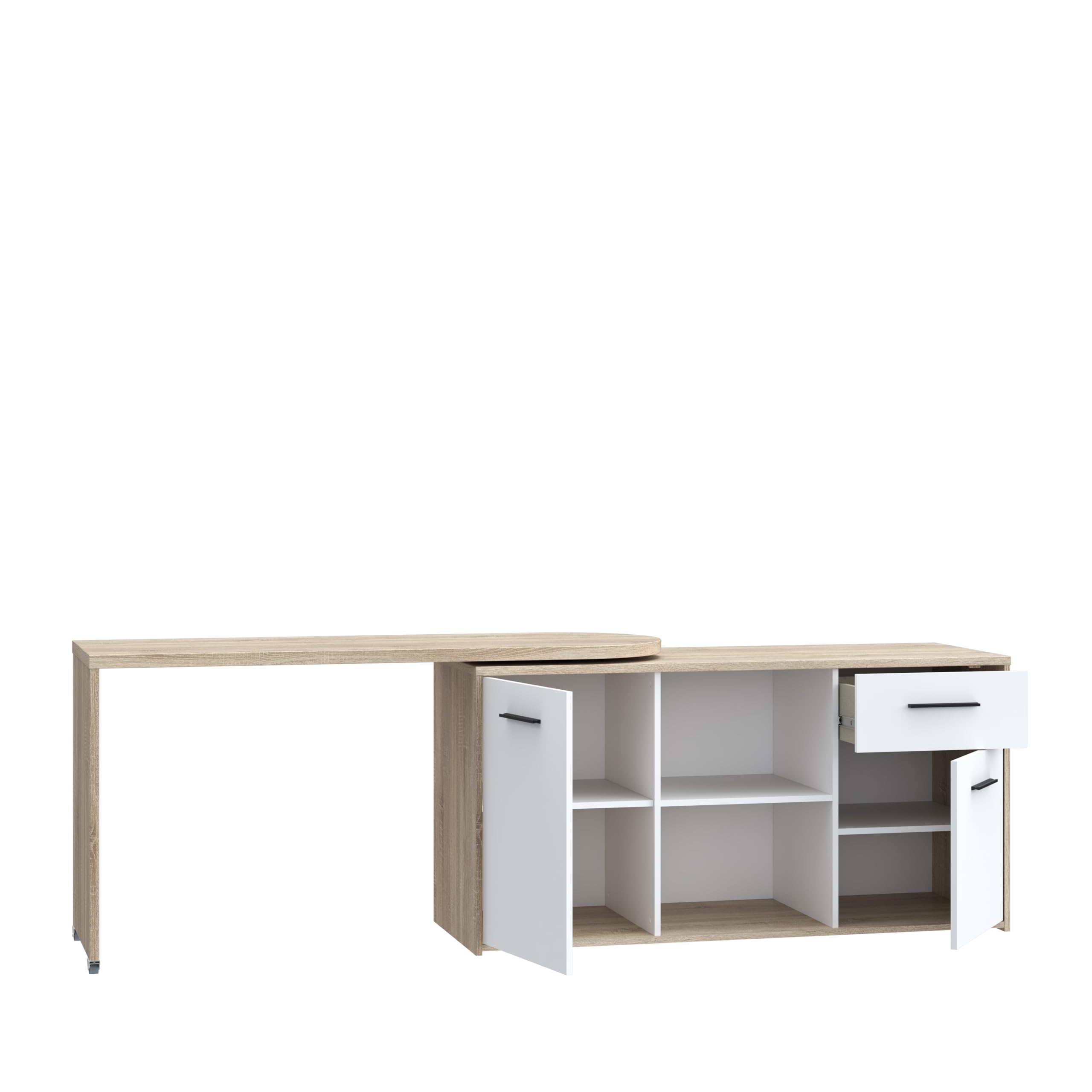 Forte ALIKLIA Schreibtisch 140 150, moderner Schreibtisch mit 1 Schublade und 1 Tür, Computertisch, Home Office, Holzwerkstoff, Weiß/Sonoma Eiche Holzdekor, 144 cm breit x 74,1 cm hoch x 50 cm tief