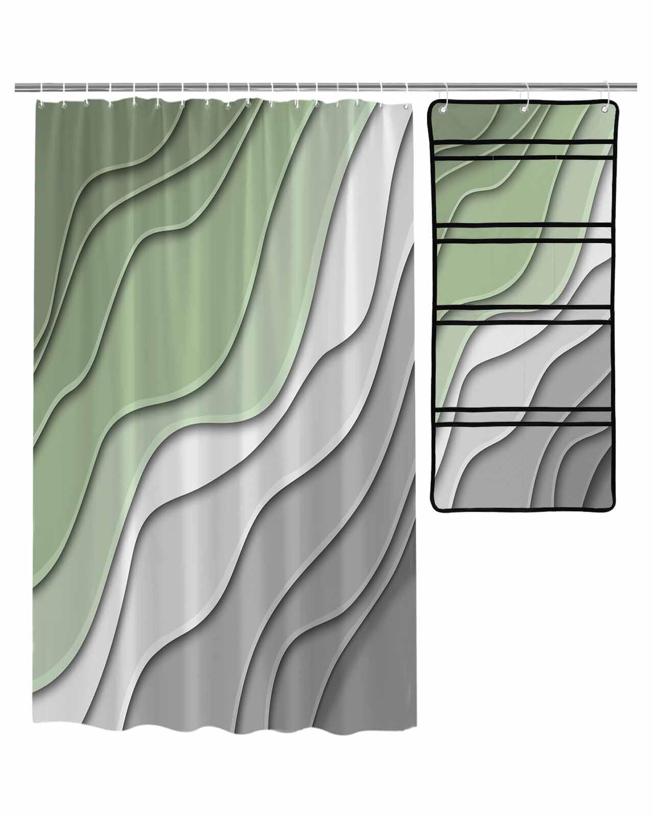 ZFUNCING Shower Curtain Mesh Shower Organizer Set Modern Sage Green Grey Gradient Waterproof Bath Curtains Hanging Shower Caddy