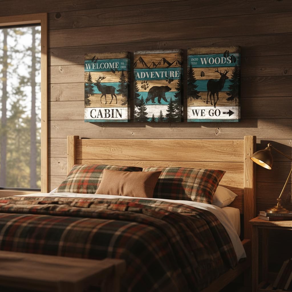 RnnJoile Rustic Cabin Decor Deer Bear Moose Pictures Wall Art Teal Woodland Forest Animals Paintings for Farmhouse Home Decor Framed 12x16 inches each (Teal)
