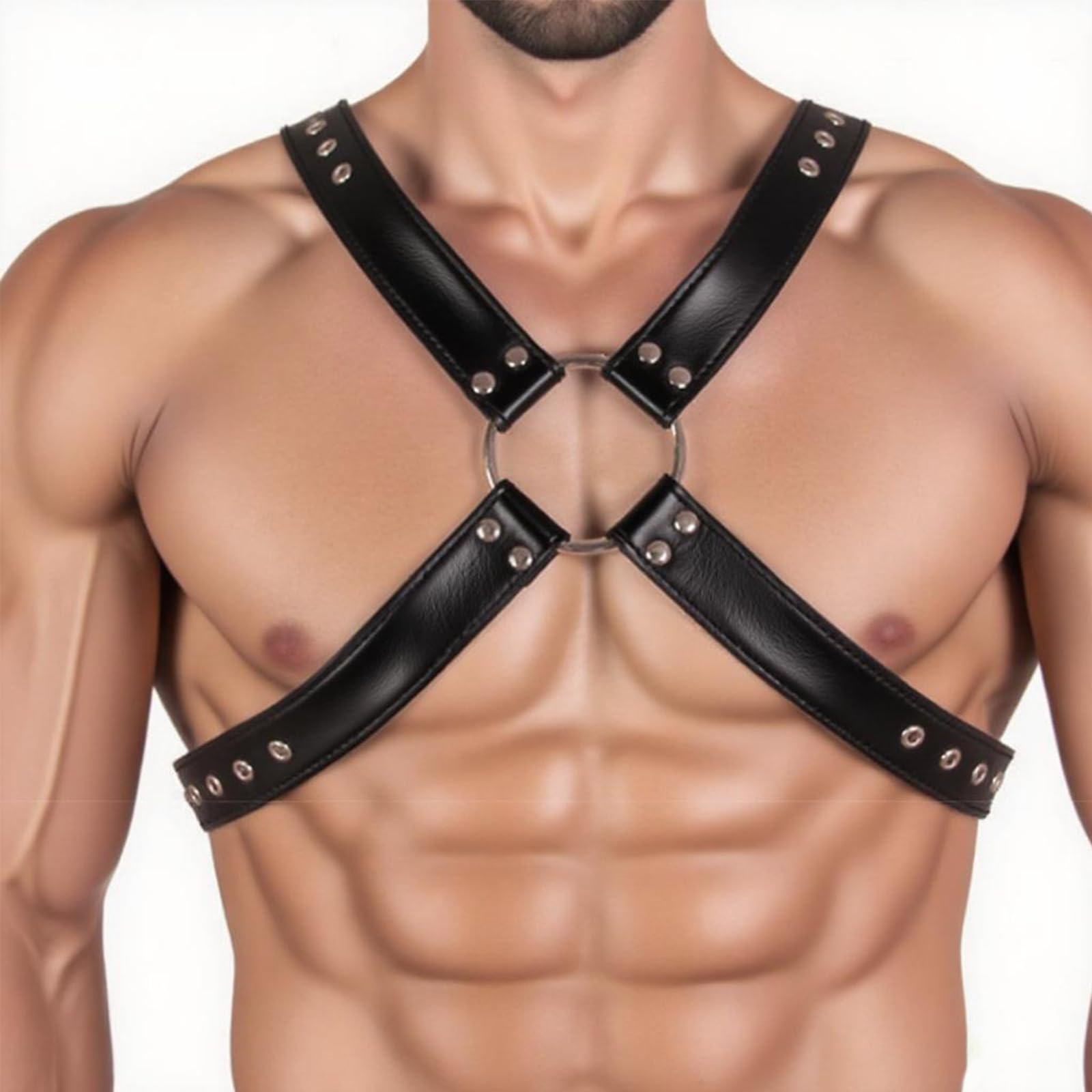 Arnés de bondage de cuero negro, diseño de cruz con anillos de metal y remaches, arnés ajustable BDSM para fetiche, gótico, punk y moda alternativa
