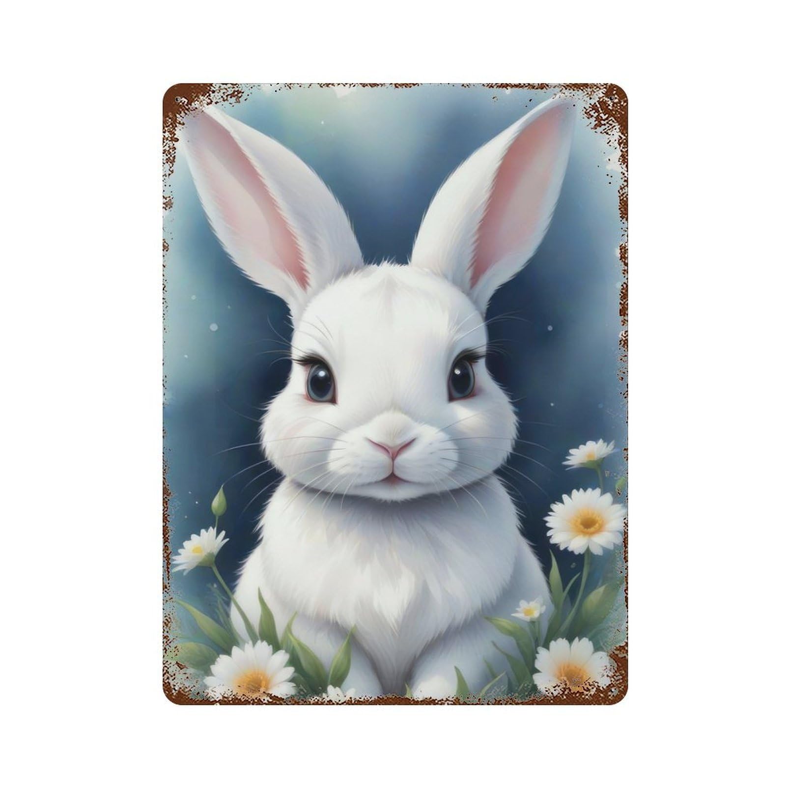 Decorative Tin Sign with White Bunny Painting Design 15.7"x11.8", for Garage, Bar And Workshop Decor, Farmhouse Wall Decor