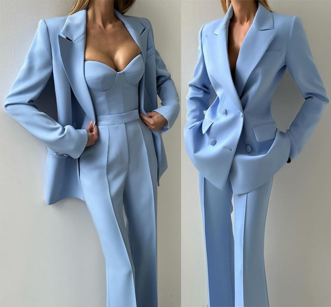 Damen Anzug Doppelte Brüste Knöpfe Zwei Stücke Jacke Hosen Spitze Revers Casual Set Arbeit Business Smokings