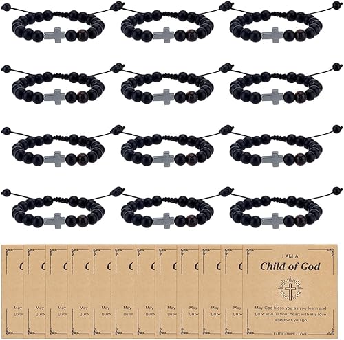WEBEEDY 12 Sets Cross Bracelets with Cards, Adjustable Bracelet for Men Women, C